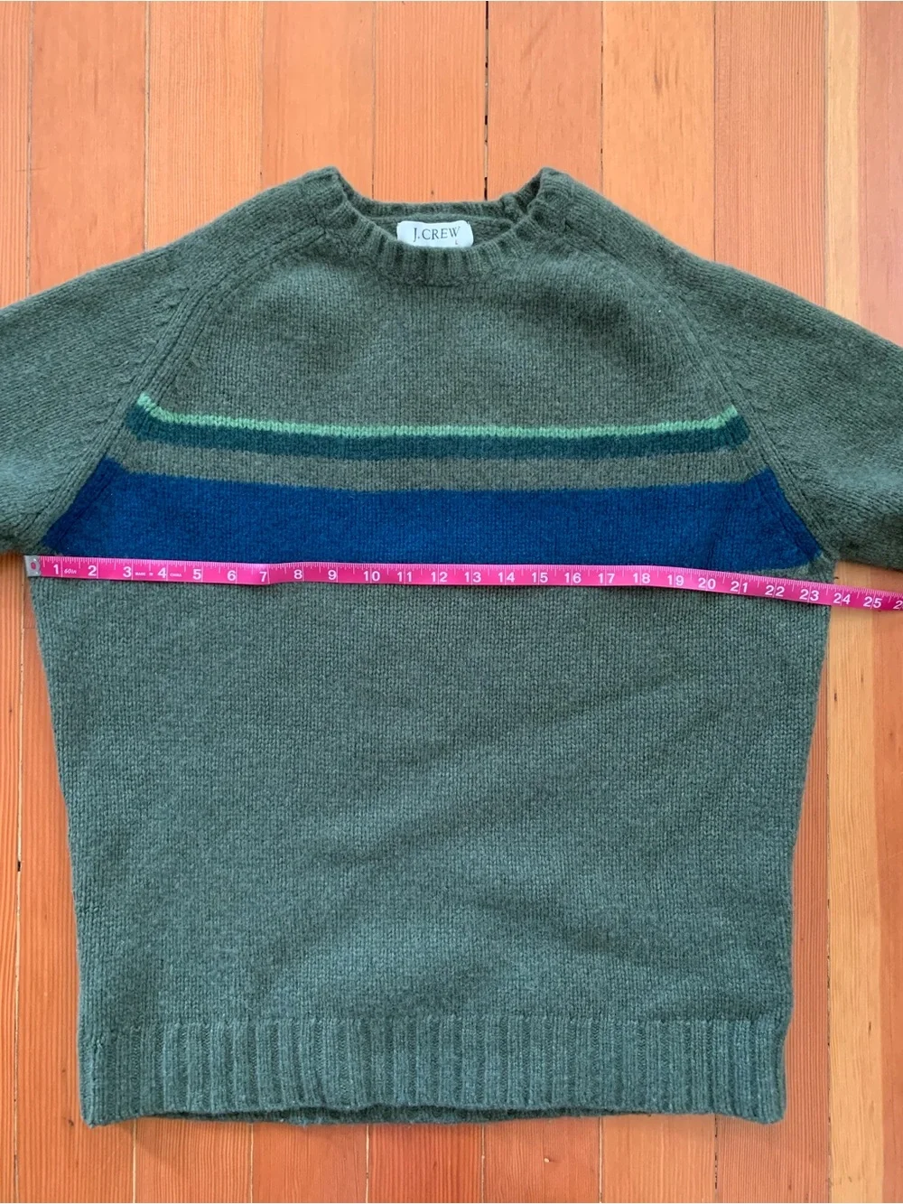Vintage Men's J. Crew Green Wool Sweater with Blue Stripe Sz L